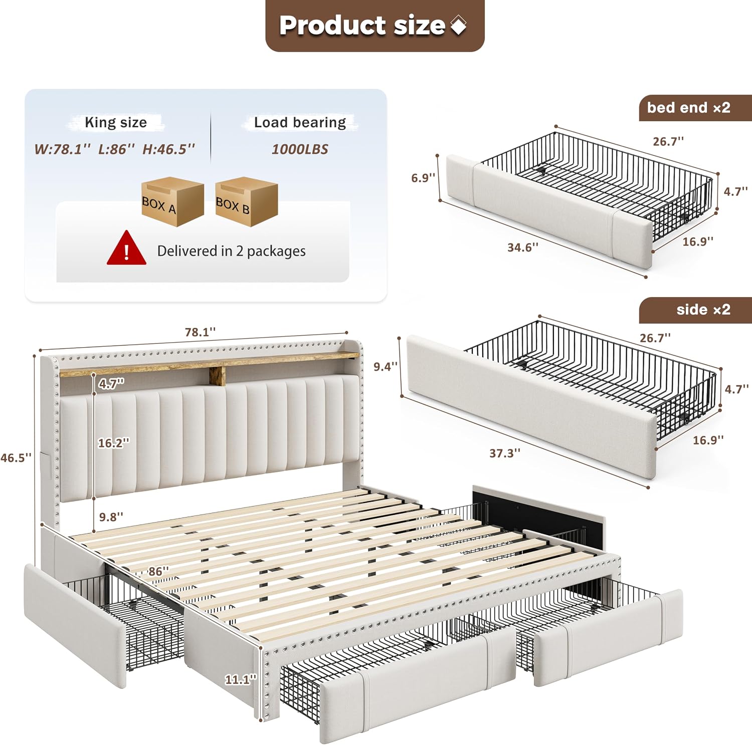 Letto matrimoniale con 4 casse - King Size Bed Frame With Storage Drawers recensione e prezzo